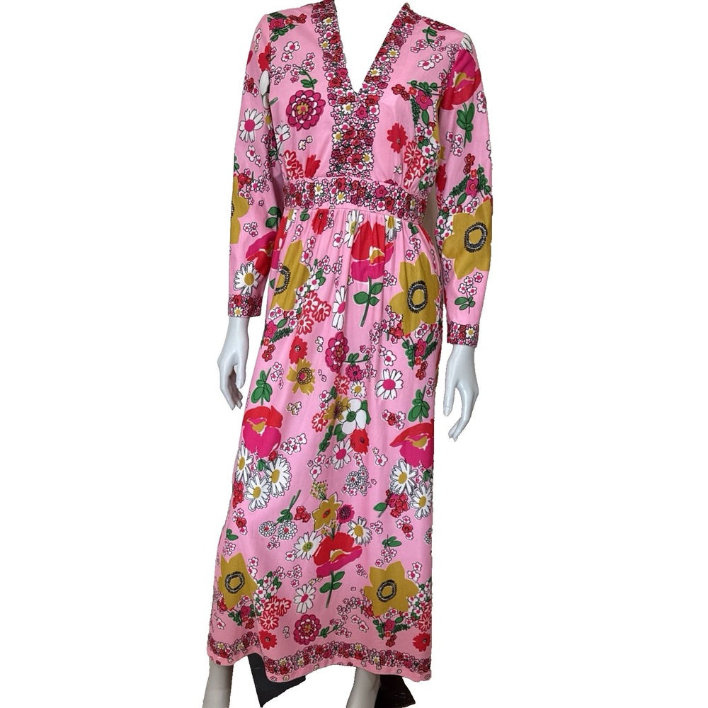 Vtg 70s Maxi Dress Flower Power Hippie Hostess Groovy Dress Med Costume Boho